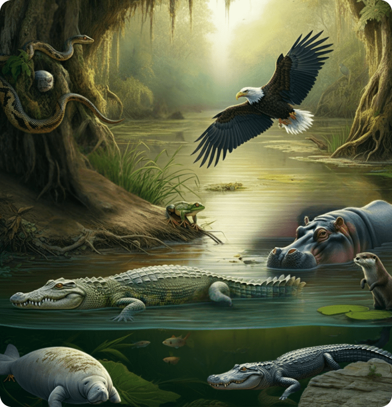 River animal pictures for kids: Eagle, hippo, alligators, manatee, frog in a lush wetland.