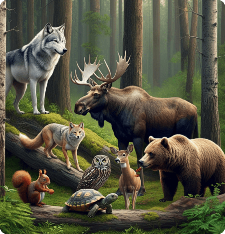 Forest animal pictures for kids: Wolf, moose, fox, bear, deer, owl, squirrel, turtle in a woodland.
